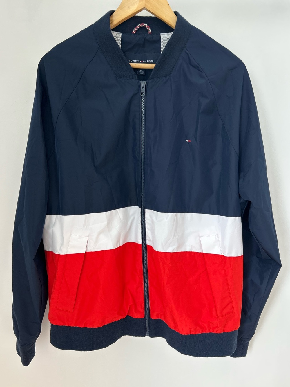 Tommy Hilfiger Navy White Red Colorblock Varsity Windbreaker Bomber Jacket 26x27